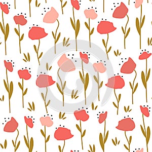 cute delicate pink red poppy flowers background seamless repeat vector pattern illustration