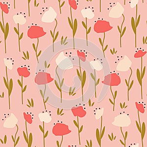 cute delicate poppy flowers on pink background seamless repeat vector pattern illustration