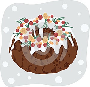 Cute delicious Christmas cake with berries and holly on light background with falling snow vector flat illustration. Bake pies