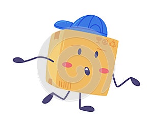 Cute Delivery Cardboard Box Character in Blue Cap Running Forward Vector Illustration