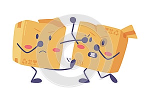 Cute Delivery Cardboard Box Character Fighting with Each Other Vector Illustration