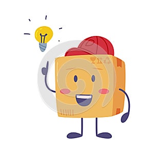 Cute Delivery Cardboard Box Character in Red Cap with Light Bulb Having Idea Vector Illustration