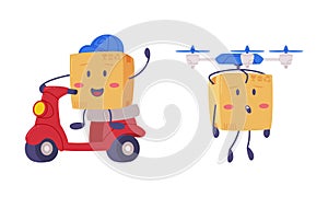 Cute Delivery Cardboard Box Character Riding Scooter and Flying with Quadrotor Vector Set