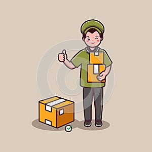 Cute delivery man holding box by running fast