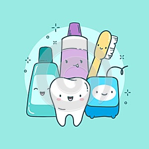 Cute dental care illustration. Tooth, toothbrush, toothpaste, mouth rinse, floss.