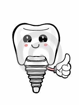 Cute dental implant   and  okay hands both illustration cartoon icon black white colors