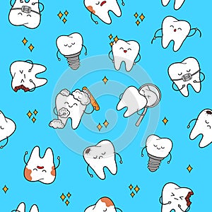 Cute dental pattern theme. Cheerful characters teeth