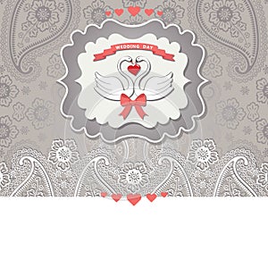 Cute design template.Paisley border lace and cartoon swans