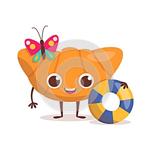 Cute dessert character. Croissant is holding an inflatable swim ring. Butterfly sits on it. Summer time.