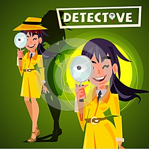cute detective girl holding magnifying glass to watchin. character design - vector photo