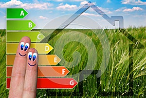 Cute diagram of house energy efficiency rating with two cute happy fingers and green background