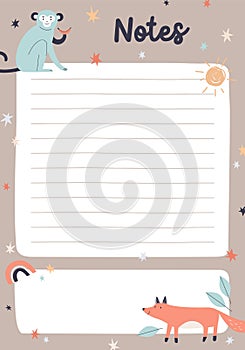 Cute diary page template with lines for notes. Notebook, planner paper sheet design in childish Scandinavian style