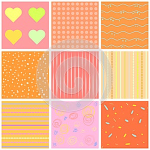 Cute different seamless patterns. Pink and white. Endless texture can be used for sweet romantic wallpaper, pattern fill, w