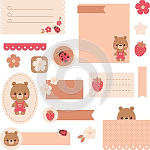 Cute digital note papers and stickers for digital bullet journaling or planning. Kawaii bear, ladybug, strawberry, and flower.