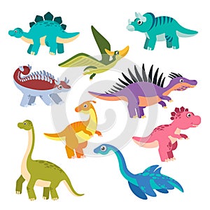 Cute dino. Cartoon dinosaurs, baby dragons, prehistoric monsters. Funny jurassic animals vector childish isolated