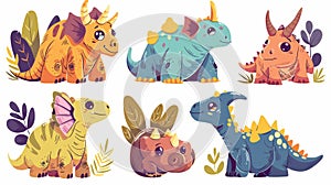 Cute dino clipart of triceratops, parasaurolophus, brachiosaurus, and stegosaurus. Modern dinosaur characters, fossil