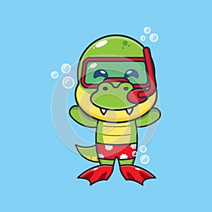 Cute dino diving cartoon mascot character illustration.