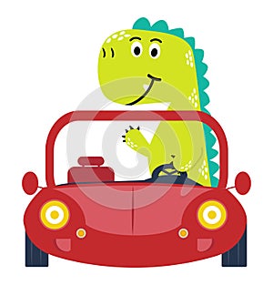 Cute dino drive funny car cartoon