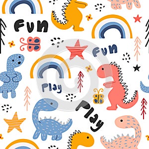 Cute dino hand drawn seamless pattern childish drawing colorful background