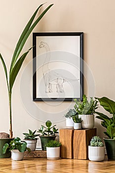 Cute Dino mock up poster frame on the beige wall in stylish room with a lot of potted plants.