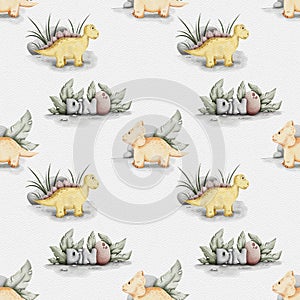 Cute dino watercolor seamless pattern.