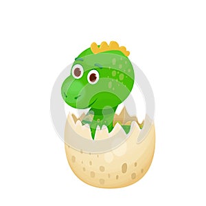 Cute dinosaur baby in egg hatching in cartoon style isolated on white background. Animal, reptile little adorable