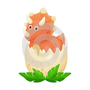 Cute dinosaur baby in egg hatching in cartoon style isolated on white background. Animal, reptile little adorable