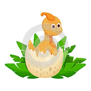 Cute dinosaur baby in egg hatching in cartoon style isolated on white background. Animal, reptile little adorable