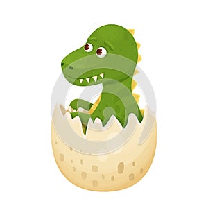 Cute dinosaur baby in egg hatching in cartoon style isolated on white background. Animal, reptile little adorable