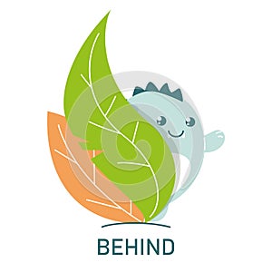 Cute dinosaur behind the leaves, learning preposition