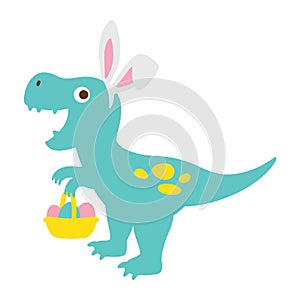 Cute Dinosaur with Bunny Ears Holding Easter Eggs Basket