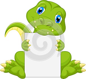 Cute dinosaur cartoon holding blank sign