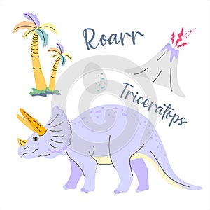 Cute dinosaur drawn as vector on white for kids fashion. Palm and volcano. Triceratops.