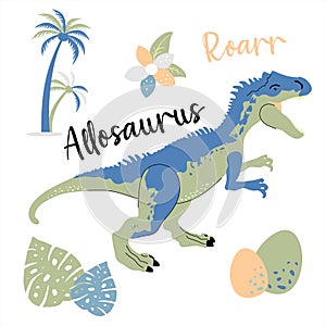 Cute dinosaur drawn as vector on white for kids fashion. Palm and volcano. Allosaurus.