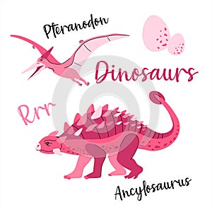 Cute dinosaur drawn as vector on white for kids fashion. Palm and volcano. Ancylosauros. Pteranodon.