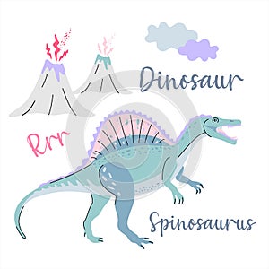 Cute dinosaur drawn as vector on white for kids fashion. Palm and volcano. Spinosaurus.