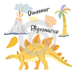 Cute dinosaur drawn as vector on white for kids fashion. Palm and volcano. Stegosaurus.