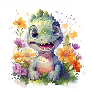 Cute dinosaur with flower wreath. Watercolor cartoon illustration