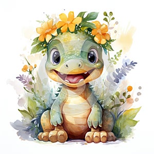 Cute dinosaur with flower wreath. Watercolor cartoon illustration