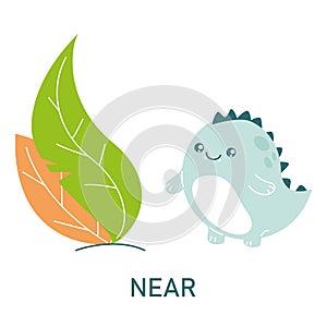 Cute dinosaur near the leaves, learning preposition