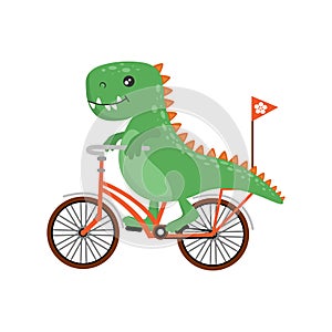 Cute dinosaur rides a bicycle and waves his hand. Dinosaur and sport. Healthy lifestyle. Cycling