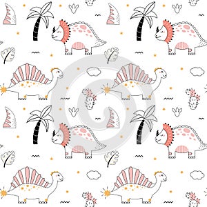 Cute dinosaur Seamless pattern doodle style Outline baby dino