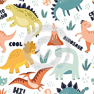 Cute dinosaur seamless pattern with lettering. Hand drawn vector illustration for textile or wrapping design