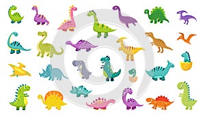 Cute dinosaur set. Cartoon dinos, dinosaurs colorful isolated characters. Tyrannosaurus, triceratop, pterodactyl. Funny