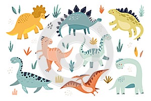 Cute dinosaur set. HAnd drawn vector illustration for modern nursery and textile design