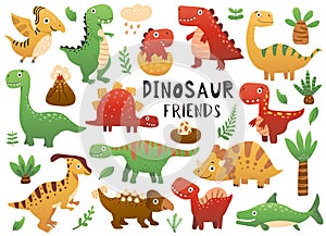 Cute dinosaur set with tyrannosaurus rex, triceratops, brachiosaurus, pterodactyl,  stegosaurus