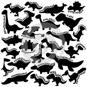 Cute dinosaur silhouette with species name lettering. Cartoon dino vector clipart on white background