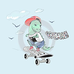 Cute dinosaur with skateboard and slogan.