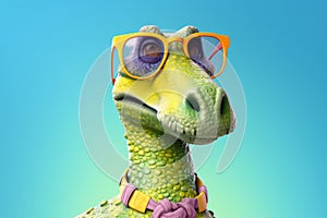 Cute dinosaur in sunglasses on a blue background. 3d rendering