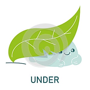 Cute dinosaur under the leaf, learning preposition